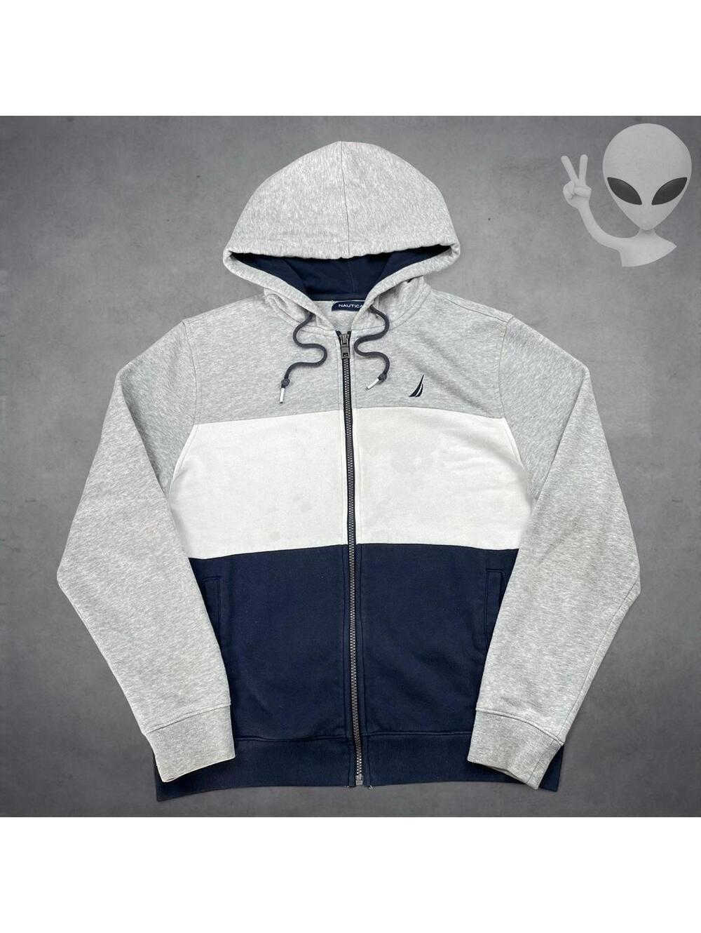 Nautica Full Zip Hoodie Mens US S Gray White Navy Colorblock Fleece KR1770